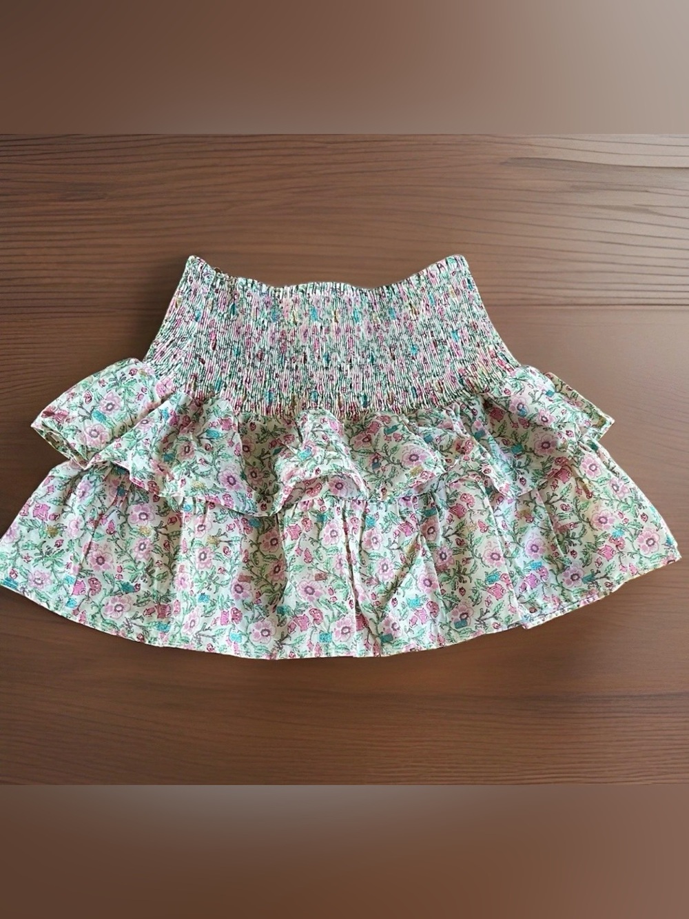 OLIVACEOUS Floral Smocked Ruffle Tiered Boho Indie Mini Skirt Womens Medium Pink